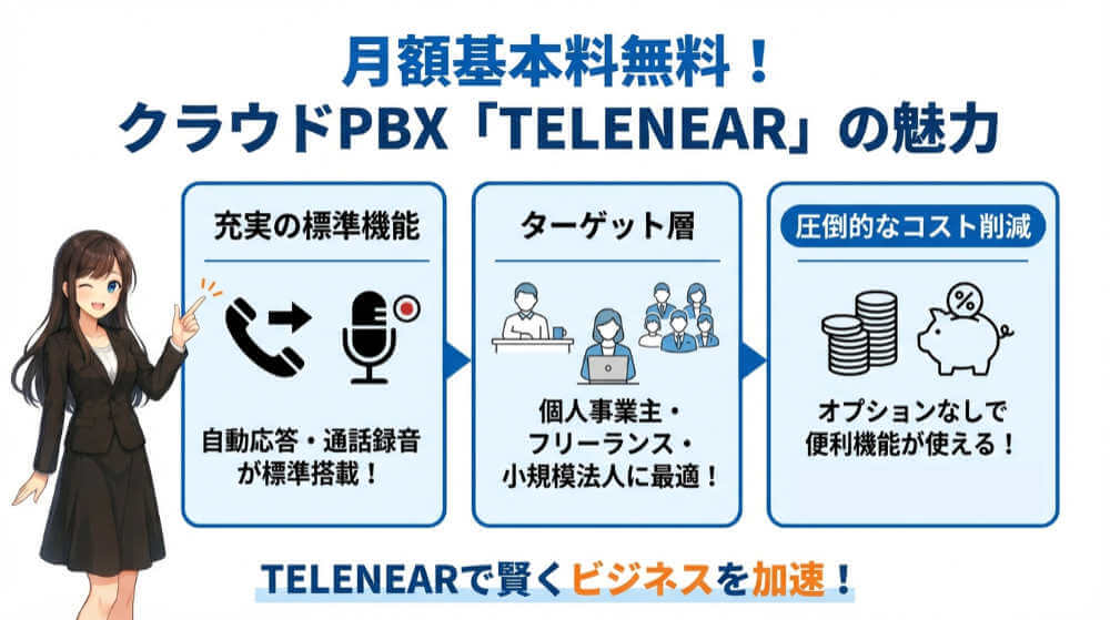 クラウドPBX「テレニア」は、「自動応答」や「通話録音」が標準搭載されている
