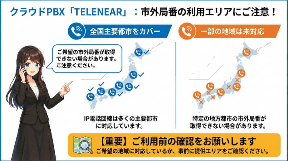 クラウドPBX「テレニア」は、市外局番によっては取得できない場合がある